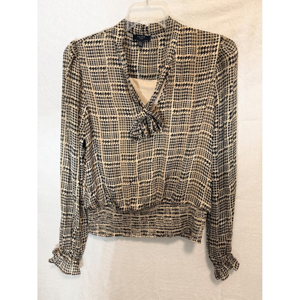 Haver London XL Houndstooth Tie Neck Smocked Hem Blouse Black Cream Long Sleeve